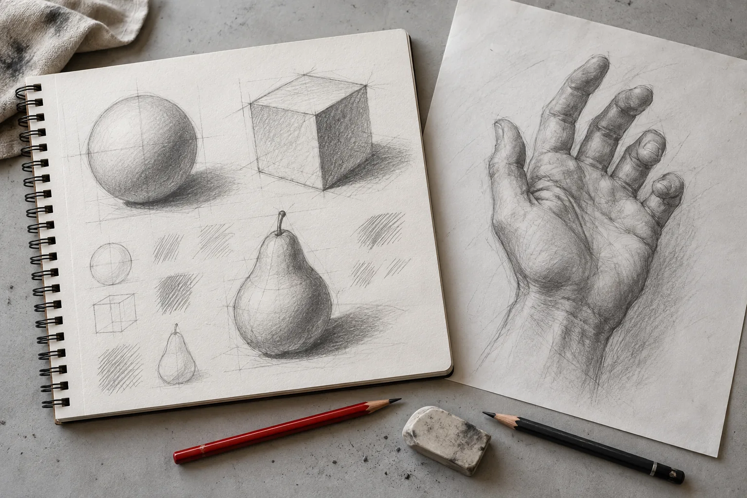 Graphite studies of simple forms and a hand, with visible construction lines